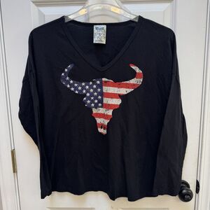 Vocal USA Embellished Skull Cowgirl Long Sleeve Top Size S Black Boho Glam